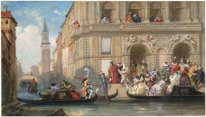 欧仁·拉米(Eugène Lami,法国画家)高清作品-《在威尼斯宫殿前登上贡多拉的化装舞会(1869 年)》