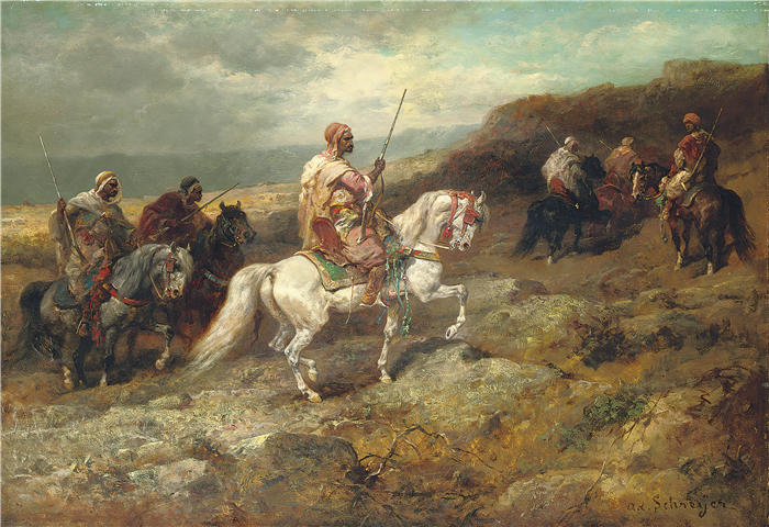 阿道夫·施莱尔（Adolf Schreyer，德国画家）高清作品-《岩石山坡上的阿拉伯战士》