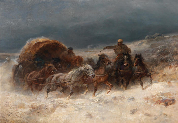 阿道夫·施莱尔（Adolf Schreyer，德国画家）高清作品-《冬季景观中的骟马》