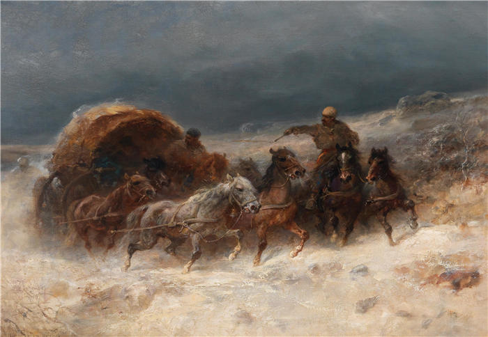 阿道夫·施莱尔(Adolf Schreyer,德国画家)高清作品-《冬季景观中的骟马》