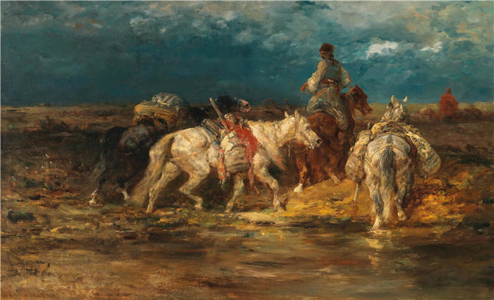 阿道夫·施莱尔(Adolf Schreyer,德国画家)高清作品-《福特的瓦拉几亚驮马》