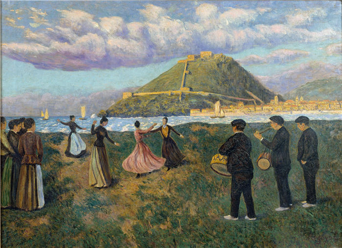 达里奥·德·雷戈约斯（Darío de Regoyos，西班牙画家）高清作品-《巴斯克庆典（在圣塞巴斯蒂安的 El Antiguo 跳舞）（约 1890 年）》