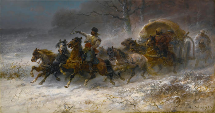阿道夫·施莱尔（Adolf Schreyer，德国画家）高清作品-《在冬季景观中移动的瓦拉几亚人》