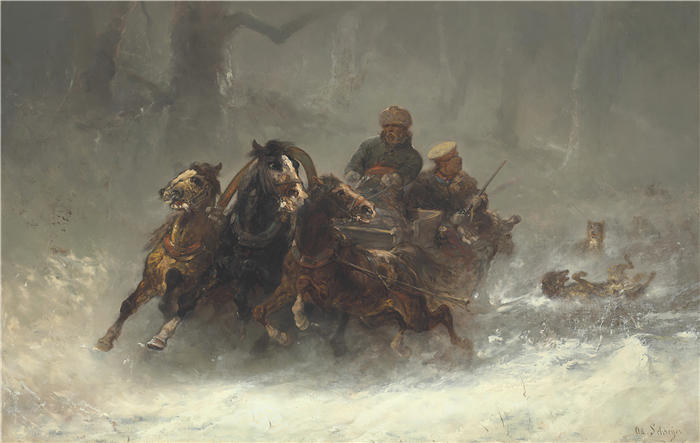 阿道夫·施莱尔(Adolf Schreyer,德国画家)高清作品-《狼追杀的三驾马车》