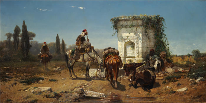 阿道夫·施莱尔（Adolf Schreyer，德国画家）高清作品-《阿拉伯人在大理石喷泉旁休息（1856 年）》