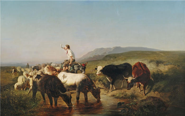 阿道夫·施莱尔（Adolf Schreyer，德国画家）高清作品-《牛羊群和牧童骑驴在广阔的风景中》