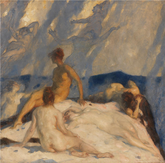 卡尔·冯·马尔（Carl Von Marr ，德国画家，1858-1936）作品-海浪中的海洋仙女（约1890年）