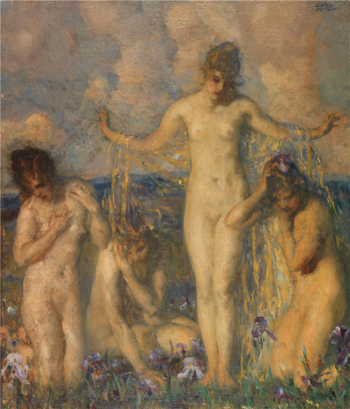 卡尔·冯·马尔（Carl Von Marr ，德国画家，1858-1936）作品-鸢尾花草地上的四个女性裸体（约 1880-90 年）