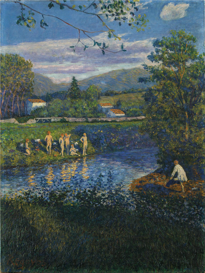达里奥·德·雷戈约斯（Darío de Regoyos，西班牙画家）高清作品-《在伦特里亚沐浴（1900 年）》