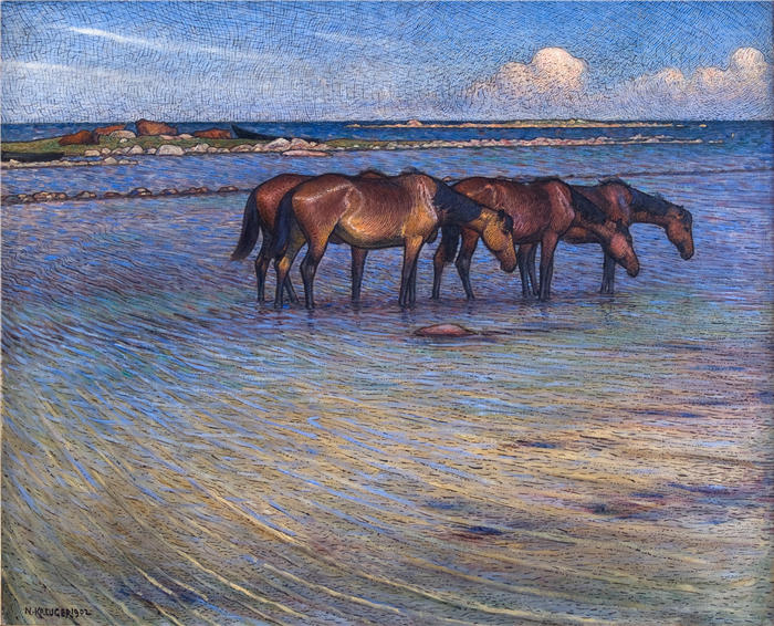 尼尔斯·克鲁格（ Nils Kreuger，瑞典画家）高清作品-《马在水中冷却自己（1902 年）》