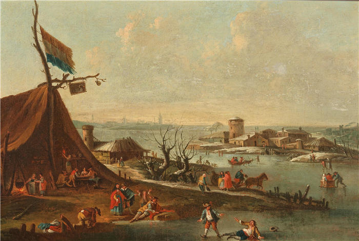 彼得·布特(Pieter Bout,佛兰德画家,1658-1719年)作品-与溜冰者的冬季港口场景