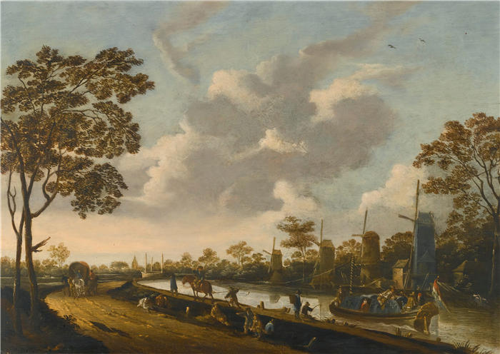 彼得·布特(Pieter Bout,佛兰德画家,1658-1719年)作品-沿着运河拖着驳船的风景(1683 年)