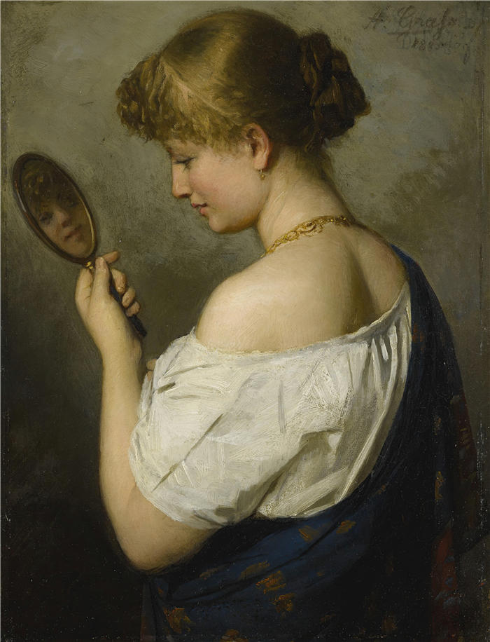 阿道夫·约瑟夫·格拉斯（Adolf Joseph Grass，法国，1813-1902 年）作品-一个带镜子的年轻女孩的肖像（1882 年）
