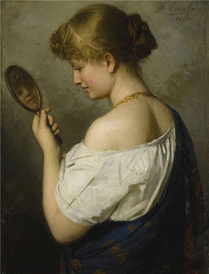 阿道夫·约瑟夫·格拉斯(Adolf Joseph Grass,法国,1813-1902 年)作品-一个带镜子的年轻女孩的肖像(1882 年)