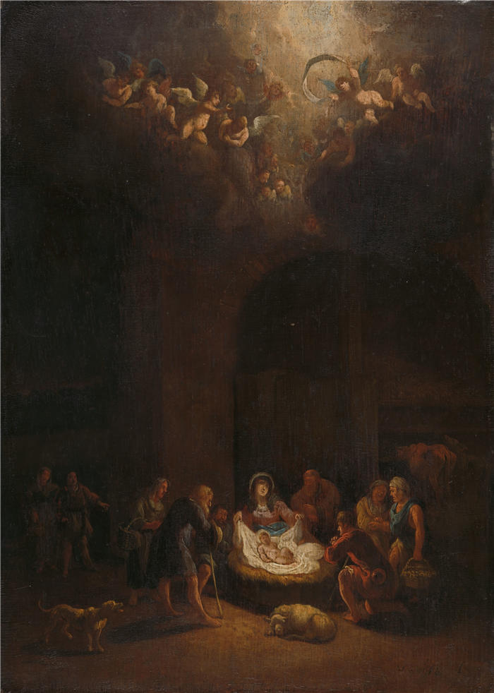彼得·布特(Pieter Bout,佛兰德画家,1658-1719年)作品-牧羊人的崇拜(约 1680 年)