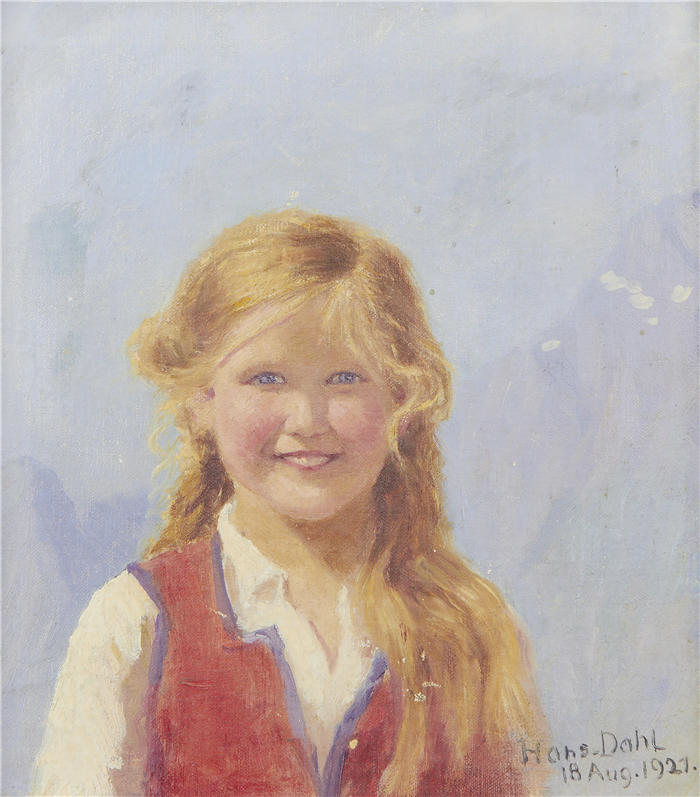 汉斯·达尔（Hans Dahl，挪威画家）高清作品-《一个年轻女孩的肖像 (1921)》