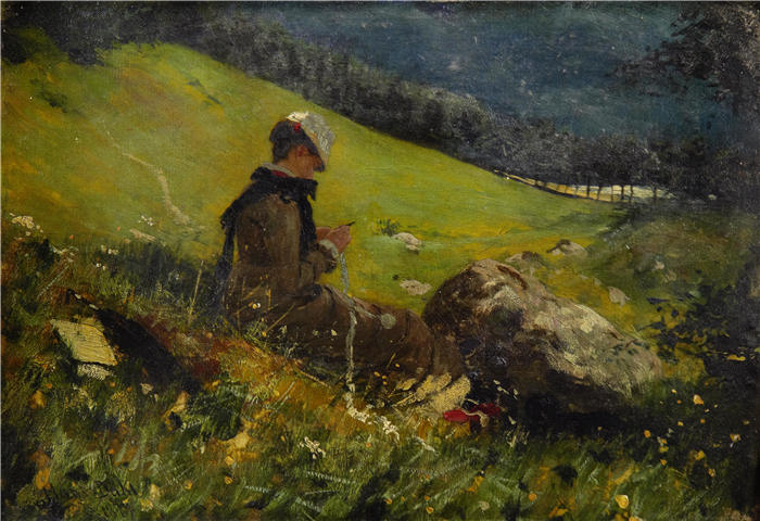 汉斯·达尔（Hans Dahl，挪威画家）高清作品-《田间针织的女孩（1879 年）》