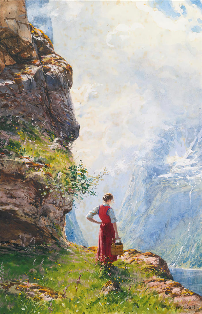 汉斯·达尔（Hans Dahl，挪威画家）高清作品-《峡湾边的年轻女孩》