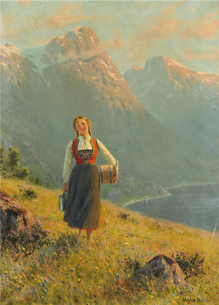 汉斯·达尔（Hans Dahl，挪威画家）高清作品-《峡湾旁的年轻女孩》