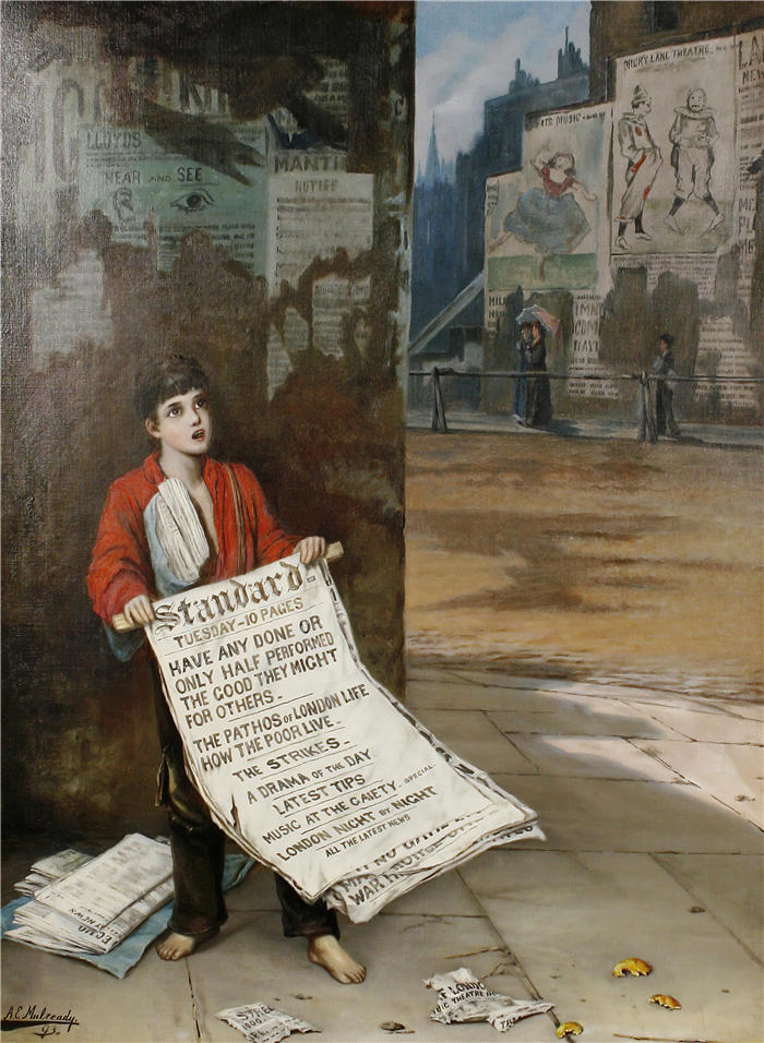 奥古斯都·埃德温·穆勒迪 (Augustus Edwin Mulready，英国画家)作品-《 伦敦报童 (1893)》