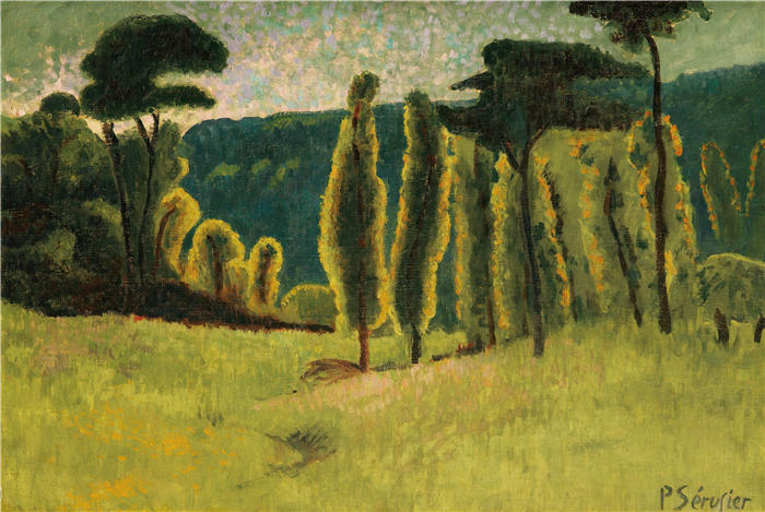 保罗·塞鲁塞尔（Paul Sérusier，法国，1864-1927 年）作品-草地上的松树和杨树