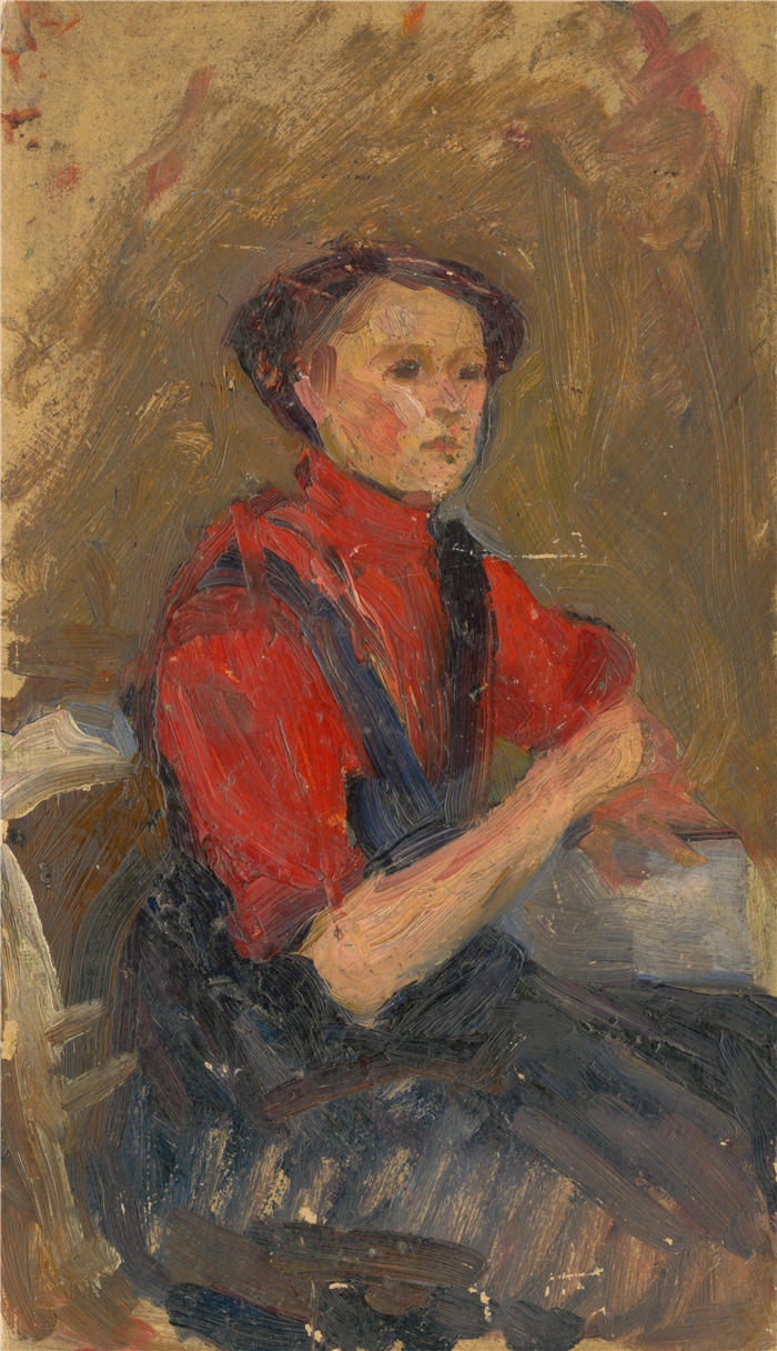 朱多维特·皮特霍特（Ľudovít Pitthordt，斯洛伐克画家）作品-《穿红色毛衣的年轻女子肖像 (1900–1910)》