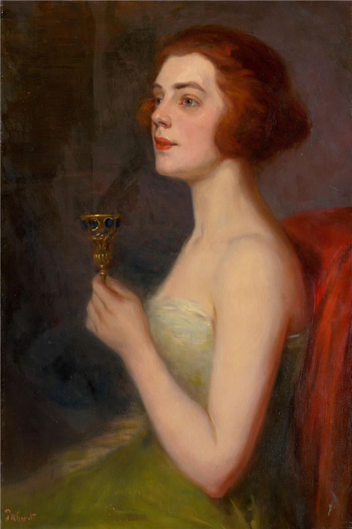 朱多维特·皮特霍特（Ľudovít Pitthordt，斯洛伐克画家）作品-《拿着高脚杯的女人（1910）》