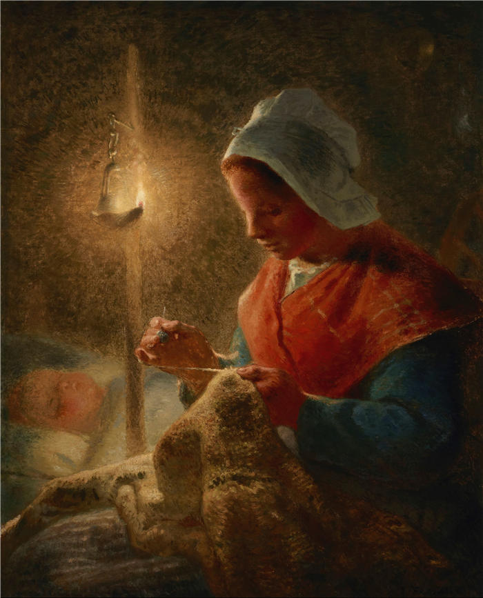 让-弗朗索瓦·米勒 (Jean-François Millet，法国画家)高清作品-《 灯光下缝纫的女人（约 1870-1872 年）》