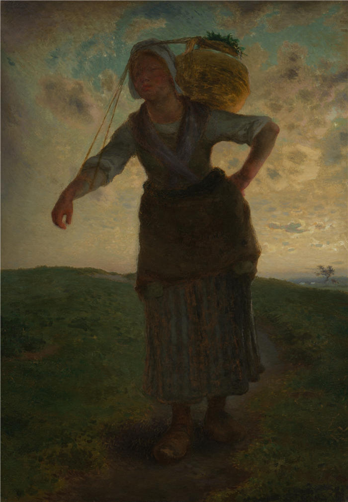 让-弗朗索瓦·米勒 (Jean-François Millet,法国画家)高清作品-《 格雷维尔的诺曼挤奶女工(1871 年)》