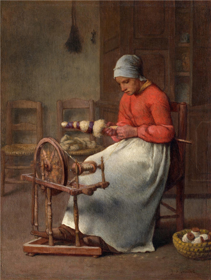 让-弗朗索瓦·米勒 (Jean-François Millet,法国画家)高清作品-《 纺纱的女人(c. 1855–60)》