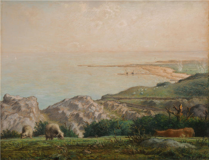 让-弗朗索瓦·米勒 (Jean-François Millet，法国画家)高清作品-《 从兰德默悬崖上看大海（1870年）》