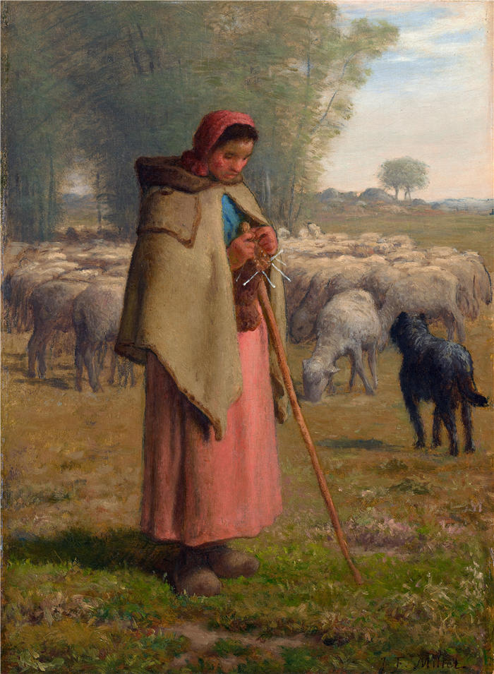 让-弗朗索瓦·米勒 (Jean-François Millet，法国画家)高清作品-《 保护她的羊的年轻女孩（约 1860-62 年）》