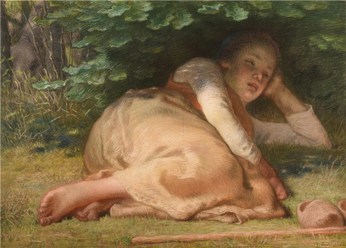 让-弗朗索瓦·米勒 (Jean-François Millet，法国画家)高清作品-《 睡在橡树树荫下的牧羊女（1874）》