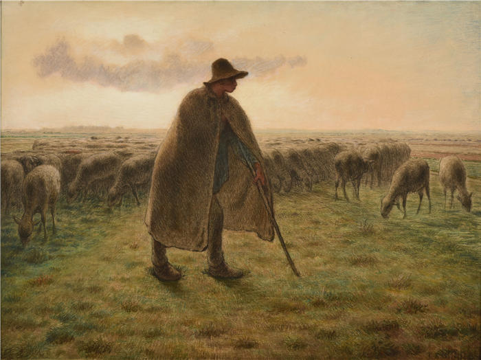 让-弗朗索瓦·米勒 (Jean-François Millet,法国画家)高清作品-《 牧羊人放牧(约1865年)》