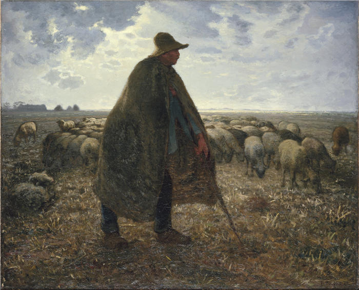 让-弗朗索瓦·米勒 (Jean-François Millet，法国画家)高清作品-《 牧羊人照料他的羊群》