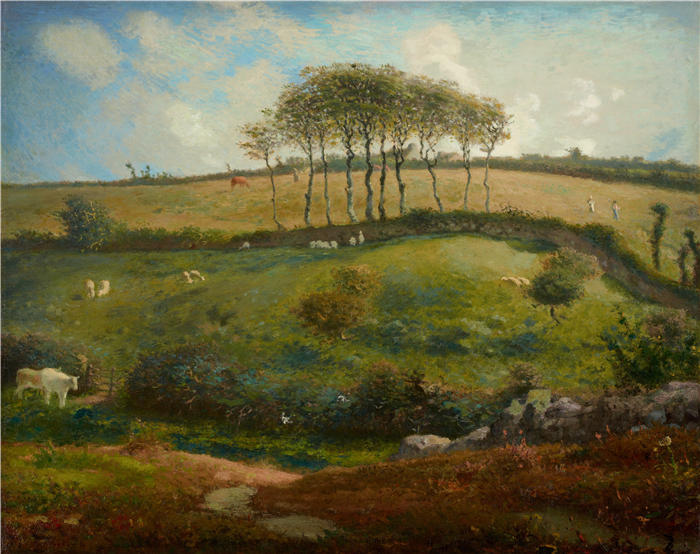 让-弗朗索瓦·米勒 (Jean-François Millet,法国画家)高清作品-《 瑟堡附近的牧场(诺曼底)(1871-1872)》