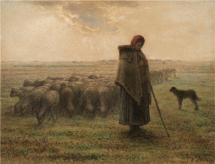 让-弗朗索瓦·米勒 (Jean-François Millet，法国画家)高清作品-《 牧羊女和她的羊群（约 1864-1865 年）》