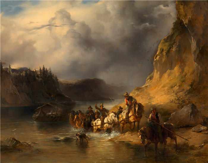 弗里德里希·高尔曼（Friedrich Gauermann，奥地利画家）高清作品-《多瑙河上的一列轮船（1848年）》