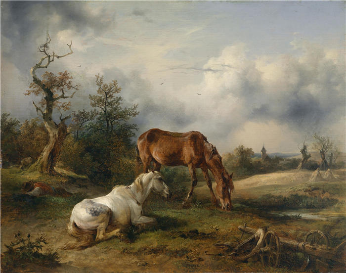 弗里德里希·高尔曼（Friedrich Gauermann，奥地利画家）高清作品-《牧场上的霉菌和狐狸（c1825）》