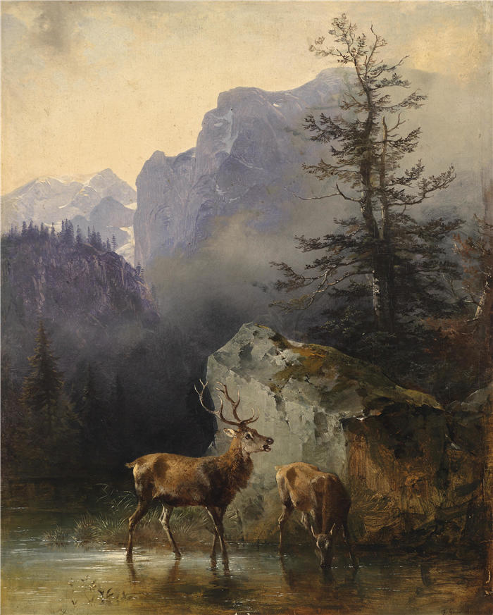 弗里德里希·高尔曼（Friedrich Gauermann，奥地利画家）高清作品-《鹿和动物在浇水》