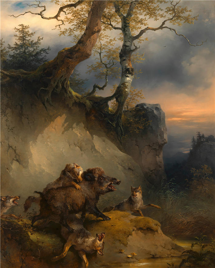 弗里德里希·高尔曼（Friedrich Gauermann，奥地利画家）高清作品-《被狼袭击的野猪（1846年左右）》