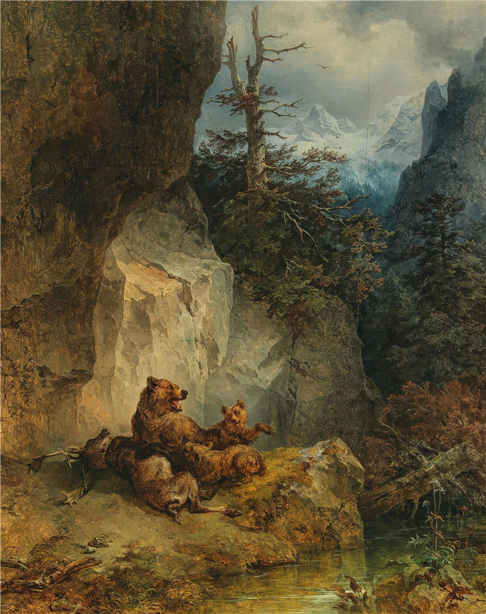 弗里德里希·高尔曼（Friedrich Gauermann，奥地利画家）高清作品-《一只母熊和她的幼崽和一只雄鹿（1845 年）》