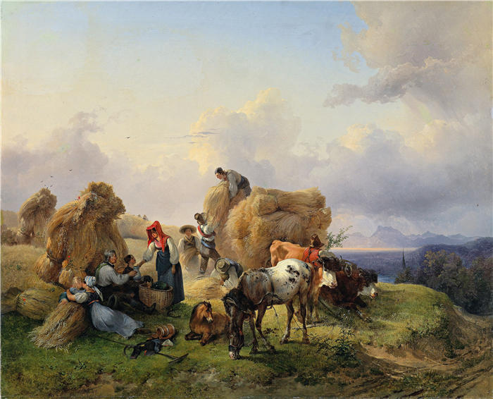 弗里德里希·高尔曼（Friedrich Gauermann，奥地利画家）高清作品-《在阿尔卑斯山脚下收获》