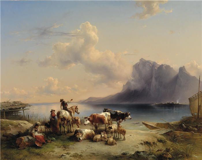 弗里德里希·高尔曼（Friedrich Gauermann，奥地利画家）高清作品-《阿泰尔西湖的牧羊人和牛（1852年）》