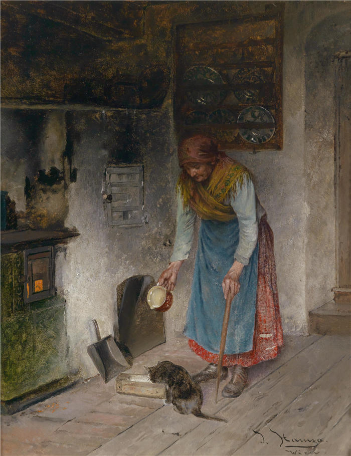 约翰·哈姆扎（Johann Hamza，德国，1850 - 1927 年）作品-牛奶供应 Kätzchen