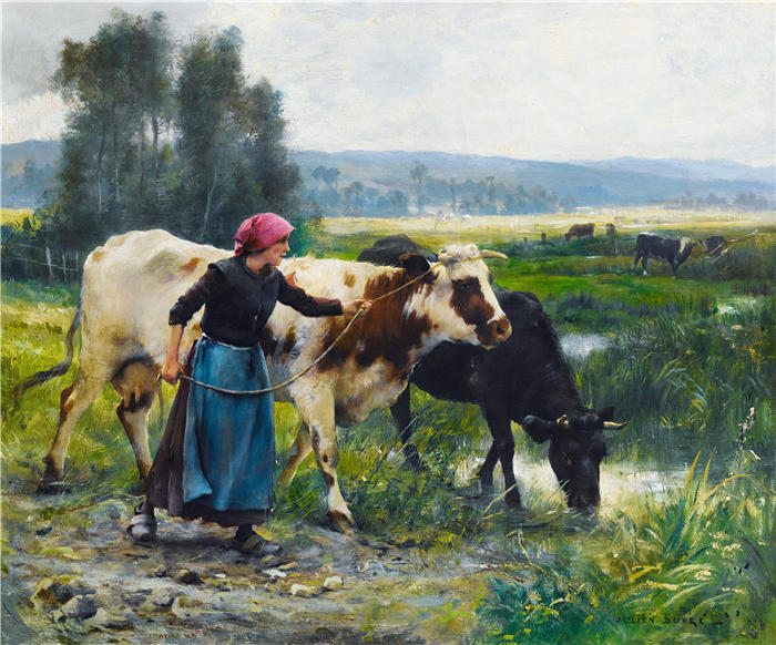 朱利安·杜普雷（Julien Dupré，法国画家）高清作品-《有两只牛的年轻农妇》