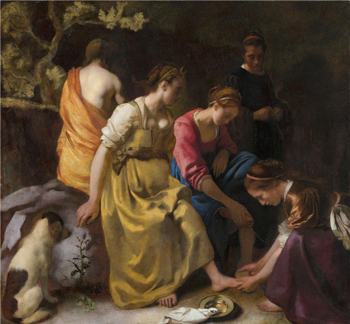 约翰内斯·维米尔(Johannes Vermeer)高清油画作品-《戴安娜和她的仙女 (C. 1653 - 1654)》