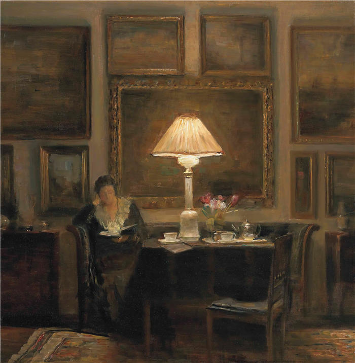卡尔·霍尔索（Carl Holsøe，丹麦画家）高清作品-《一位女士在灯光下阅读》