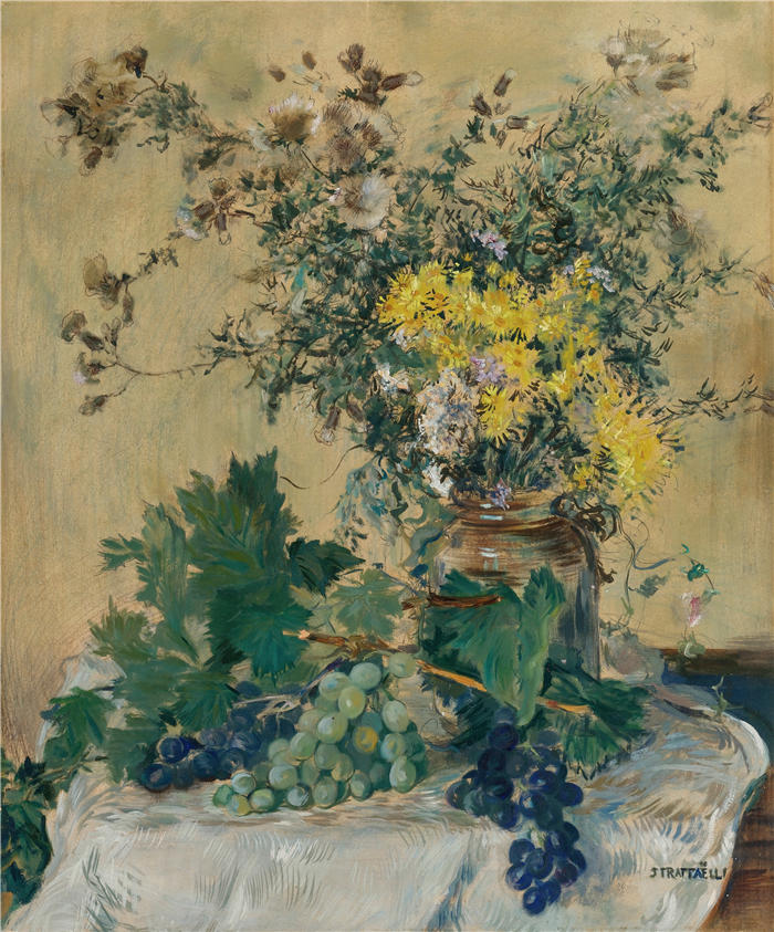 让·弗朗索瓦·拉法埃利（ Jean François Raffaëlli，法国画家）高清作品-《花葡萄静物》