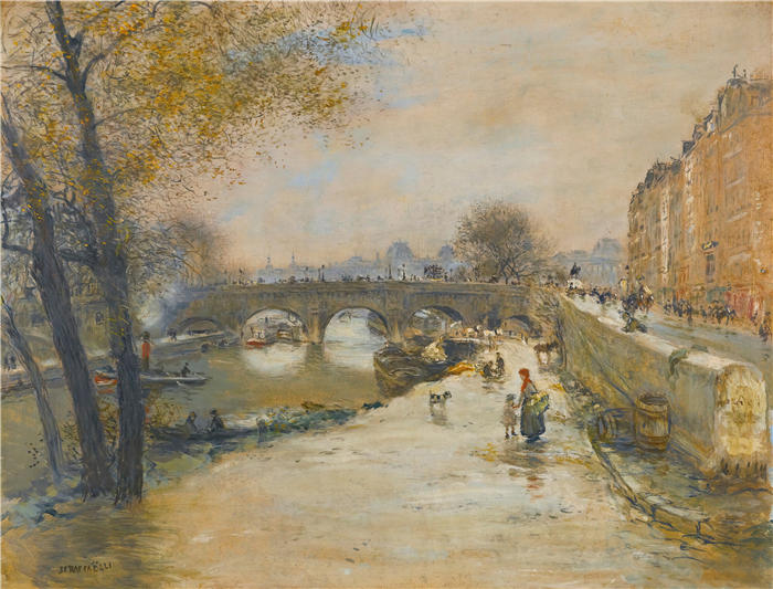 让·弗朗索瓦·拉法埃利（ Jean François Raffaëlli，法国画家）高清作品-《九号桥前的码头》